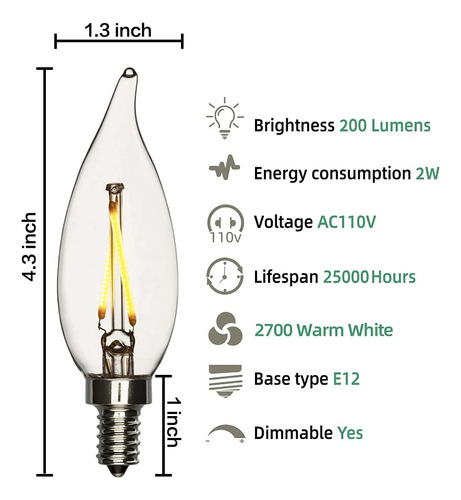 Bombilla Led Candelabro 2w 2700k E12 Filamento - 6 Pack