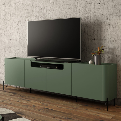 Rack Com 4 Portas Lisas 220cm Para Sala 100% Mdf Pés Metal Cor Musgo Com Preto