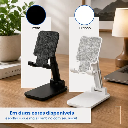 Kit 2 Suportes Celular Tablet De Mesa Ajustável Dobrável 1 Branco E 1 Preto