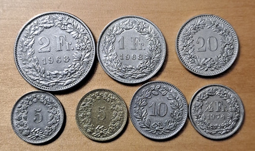 Suiza X 7 Monedas Incluye 1 Y 2 Francos 1968. Usadas!!! (Usado)