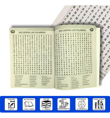 Set De 3 Libros Sopas De Letras Letra Grande 80 Págs Carta