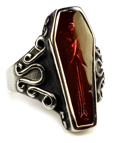 Anillo Ataúd Rojo Vampiro Calavera Acero Inoxidable Unisex