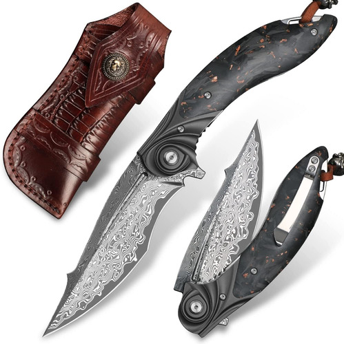 Alvely Pocket Knife, Damascus Steel, With Sheath