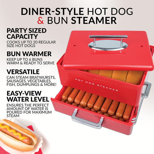 Hot Dog Steamer Nostalgia, Extra Grande, Retro, 20 Bollos Pa