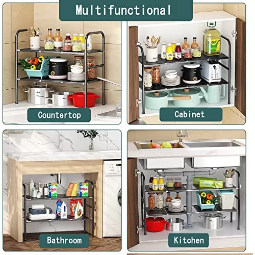 Organizador de estante para debajo del fregadero, estante de metal  expandible para debajo del fregadero con 8 paneles extraíbles para cocina y  baño, 2