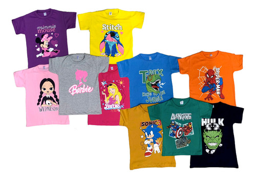 Remera Manga Corta Con Personajes T.2 Al 14 Pack X 6