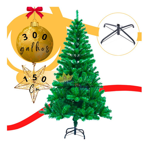 Arvore Pinheiro De Natal Grande 300 Galhos Pé De Metal 150cm Cor Verde