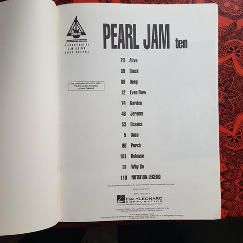 Libro De Partituras- Ten-pearl Jam . Ed.hall Leonard.import.