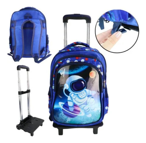 Mochila Com Rodinhas Astronauta Removível Reforçada Grande Cor Azul