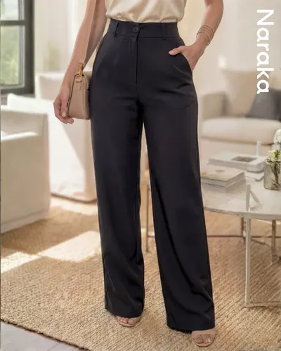 Calça Alfaiataria Feminina Wide Leg Social Cós Alto Preta