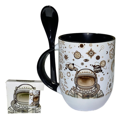 Taza De Astronauta Con Cuchara+caja Taza De Café Ceramica Negro Taza De Astronauta
