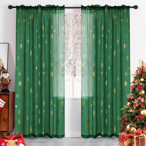 Cortinas Navidad Traslúcidas Semitransparentes Verdes Con Co