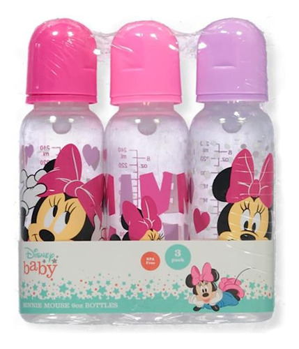 Minnie Mouse Pack 3 Botellas 9 Oz Con Estampado Corazones Y