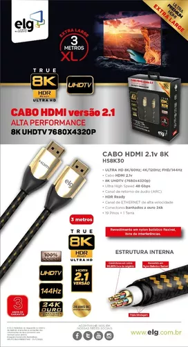 Cabo Hdmi 3m 8k 60hz Ultra Hd 2.1 E 4k 120hz - 3 Metros