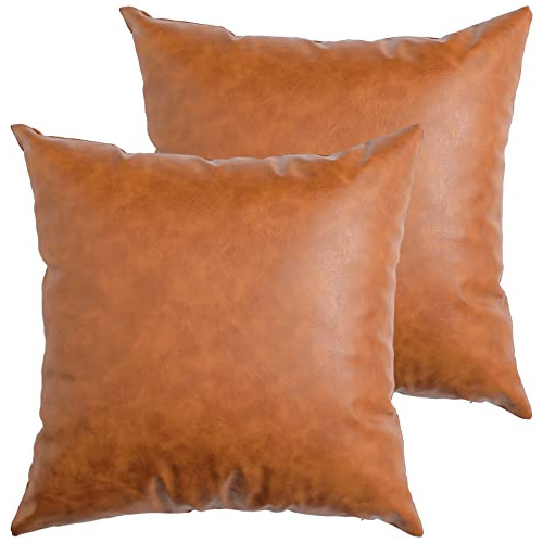 Set Of 2 Faux Leather Throw Pillow Covers, Modern Brown...