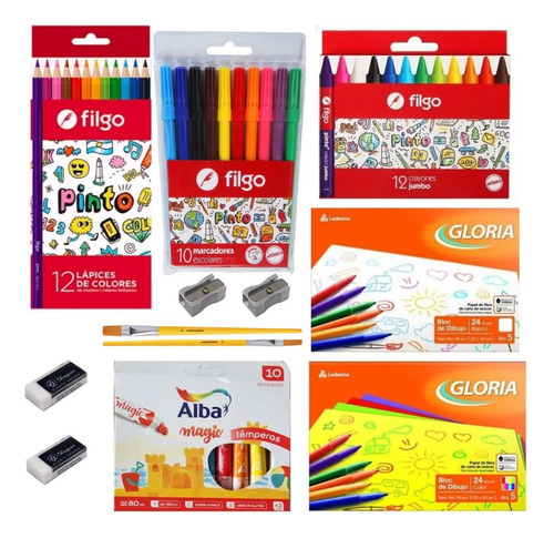 Kit Set Escolar Lapices Fibras Temperas Crayones Block Filgo