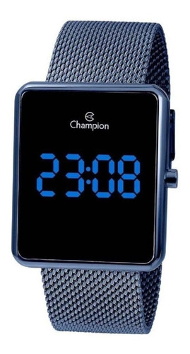 Relógio de pulso Champion Digital CH40080 com corpo azul,  digital, para feminino, fundo  preto, com correia de aço cor azul, subdials de cor azul, ponteiro de minutos/segundos azul, bisel cor azul e fivela de gancho