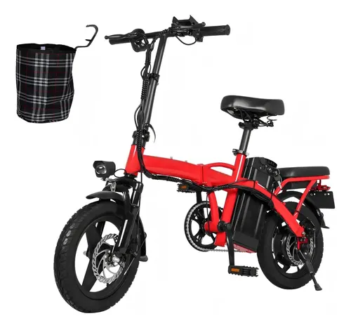 Bike elétrica dobrável vermelha com cesta de tecido xadrez ao lado