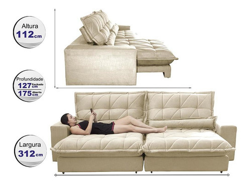 Sofa Retrátil Reclinável Pocket Cama Inbox Soft 3,12m Bege