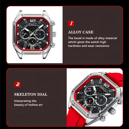 Relógio De Calendário Quadrado Crrju Business Chronograph Cor Da Correia Vermelho