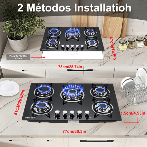 Parrilla De Gas Empotrable de mesa XIUDEEN XD5001G 5 quemadores de gas GN GLP aplicables cristal templado color negro