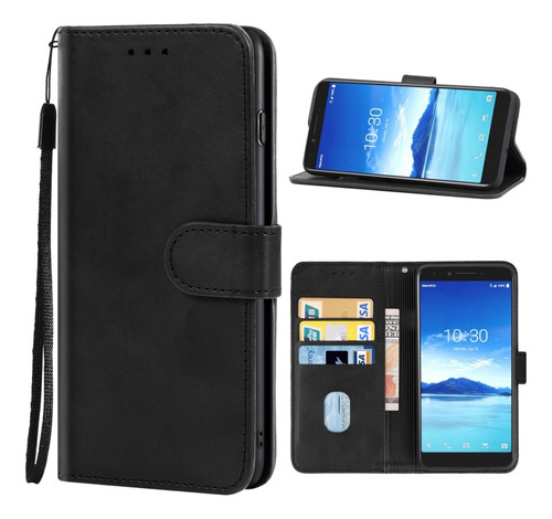 Funda De Teléfono De Cuero Negro Para Alcatel 7