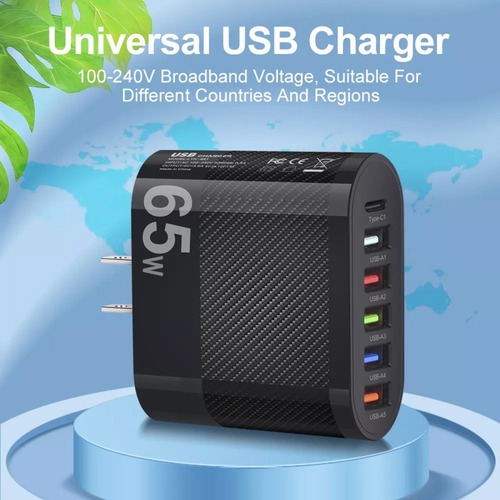 Cargador Usb 65 W Carga Rápida 5 Usb A + 1 Usb C
