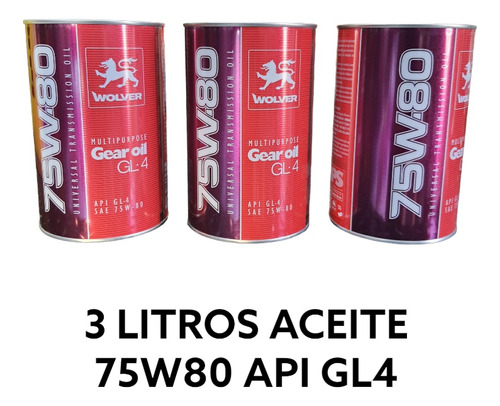 Aceite 75w80 Api Gl4 Wolver  Transmision Y Diferencial 3 Lts