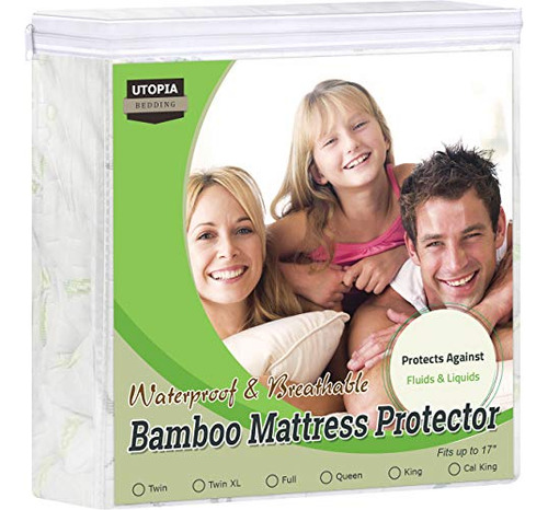 Protector De Colchon Blanco Queen Size Tela De Bambu Blanco