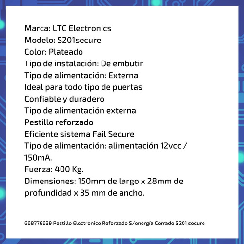 Pestillo Electronico Reforzado S/energia Cerrado S201secure