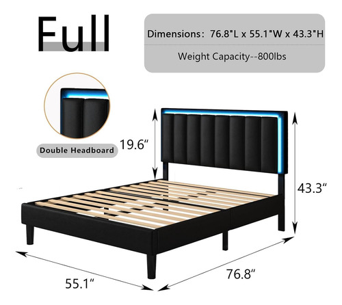 Bed Frame Matrimonial Color Negro C/cabecera Con Luz Led
