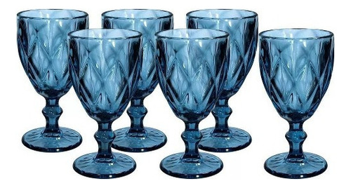 Conjunto 6 Taças Best Kaza Vidro Azul Diamante Vinho/água
