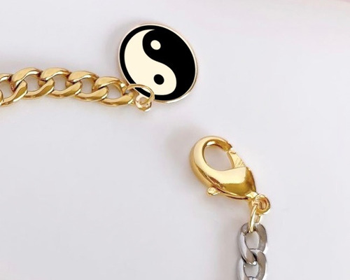 Pulseira Corrente Larga Banho Ouro E Prata Pingente Comprimento 16 Cm Cor Dourado-escuro Diâmetro 5.5