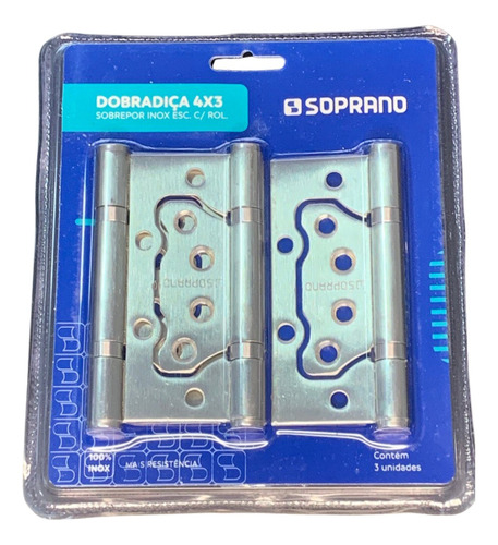 Kit 3 Dobradiças Sobrepor Encaixe Inox Escovado 4x3 Soprano