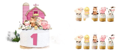 Topper De Torta + 12 Pinchopara Cup Cake Animales De Granja