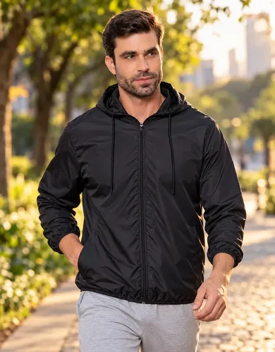 Jaqueta Corta Vento Masculina Impermeável Capuz Zíper Bolso