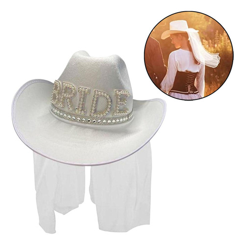 Xyx1 Chapéu Cowgirl Com Véu Noiva Strass Branco