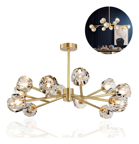 Lustre Dourado Moderno Cristal Com 12 Globos Lapidados 110v/220v