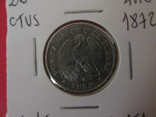 Antigua Moneda Chile 20 Centavos Plata Año 1872 Muy Escasa (Usado)