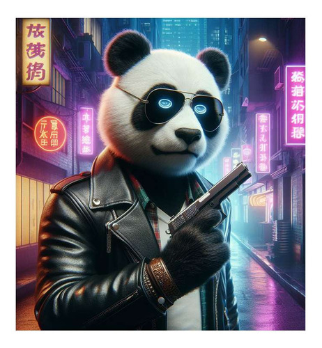 Vinilo 60x60cm Panda Con Un Arma Ciudad Campera Cuero