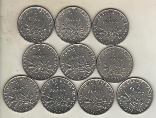 Francia Lote De 10 Monedas De 1 Franco Dif. Años Km 925.1