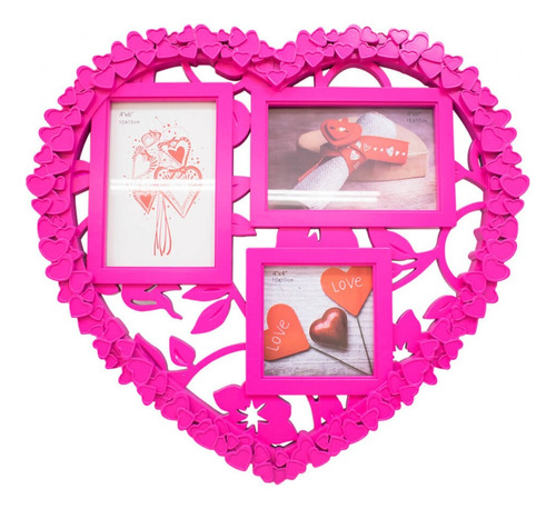 Multi Porta Retrato Para 3 Fotos Coração Pink De Plástico Cor Rosa