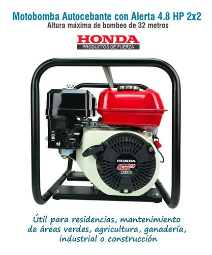 Imagen 6 de 8 de Motobomba Autocebante Con Alerta 4.8 Hp 2x2 Honda Wl20xm-mfx