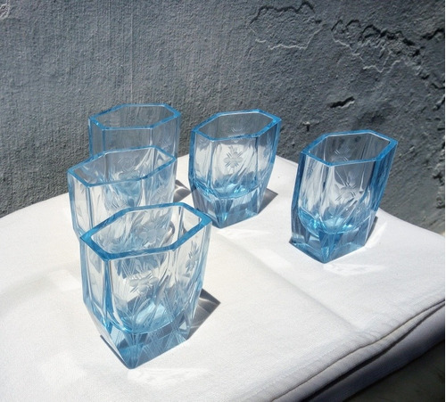 Art Deco Vasos De Cristal Tallado Celestes 