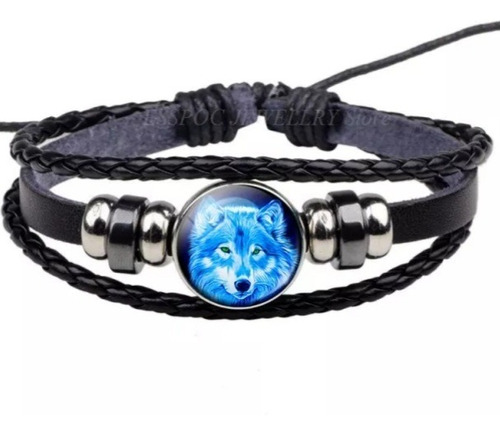 Pulsera Cuero Diseño Lobo Mod 2 Ajustable 