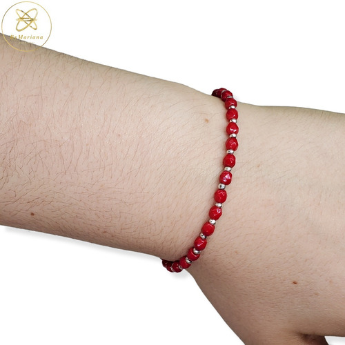 Imagen 3 de 5 de Pulsera Plata Piedras Chicas Rojas