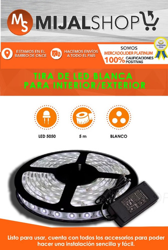 Tira Led Luz Blanca Rollo 5 Metros Fuente Kit Completo 5050