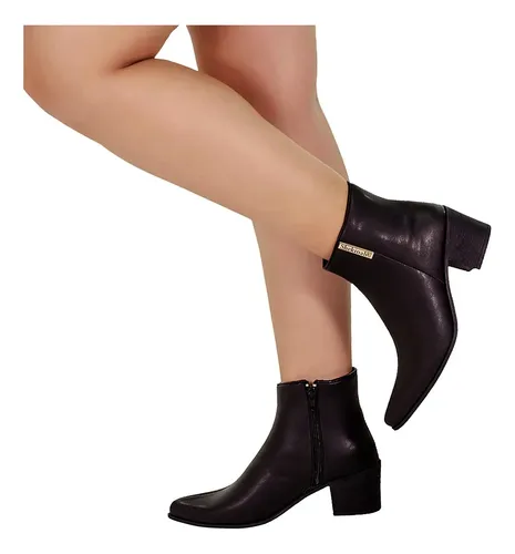 Bota Bico Fino Salto Médio Cano Curto Detalhe Lateral Moda