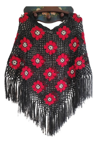 Poncho Tejido A Crochet,  Lana, Color Negro, Flores Rojas