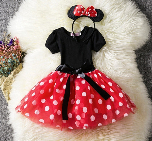 Imagem 5 de 9 de Vestido Infantil Minnie Luxo Com Arco Saia Voal E Laço Cetim